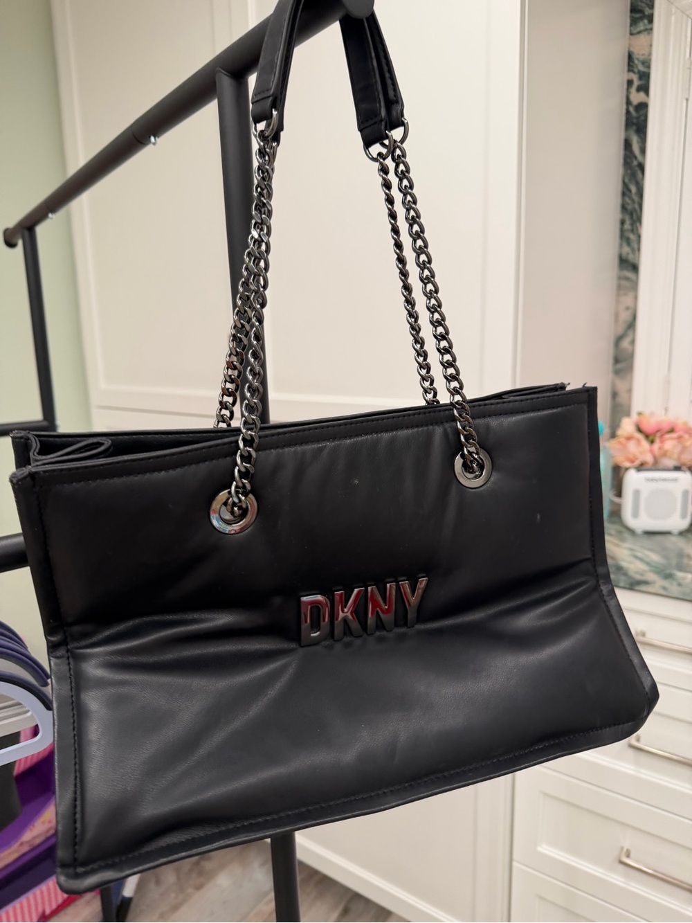 DKNY Black Padded Leather Shoulder Bag with Chain Handles